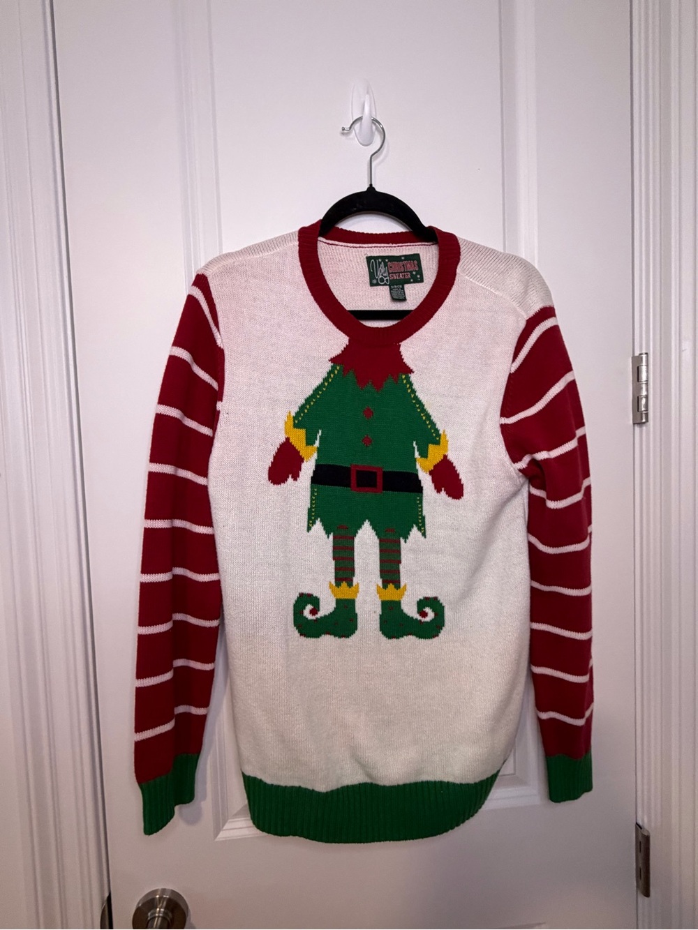Ugly Christmas Sweater Men Crewneck Red White Green Elf Motif Holidays